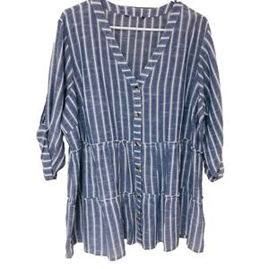 Club Z Womens Babydoll Tunic Top Blue Striped Button Up Feminine Tiers 1X‎ 2X